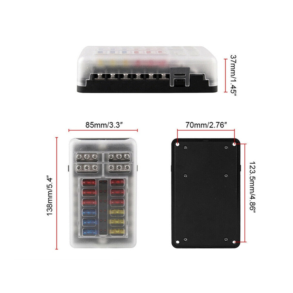 12V waterproof fuse box holder (12-way and 6-way) installed in a campervan, with labeled wires and LED indicators for easy troubleshooting