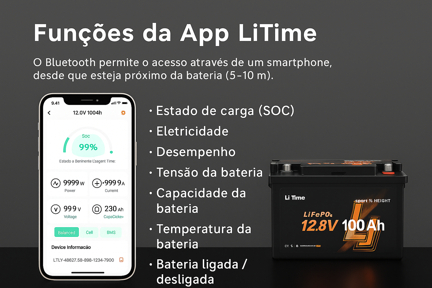 Bateria LiTime 12 V 100 Ah H190 LiFePO₄ – Bluetooth + Instalação por baixo do assento