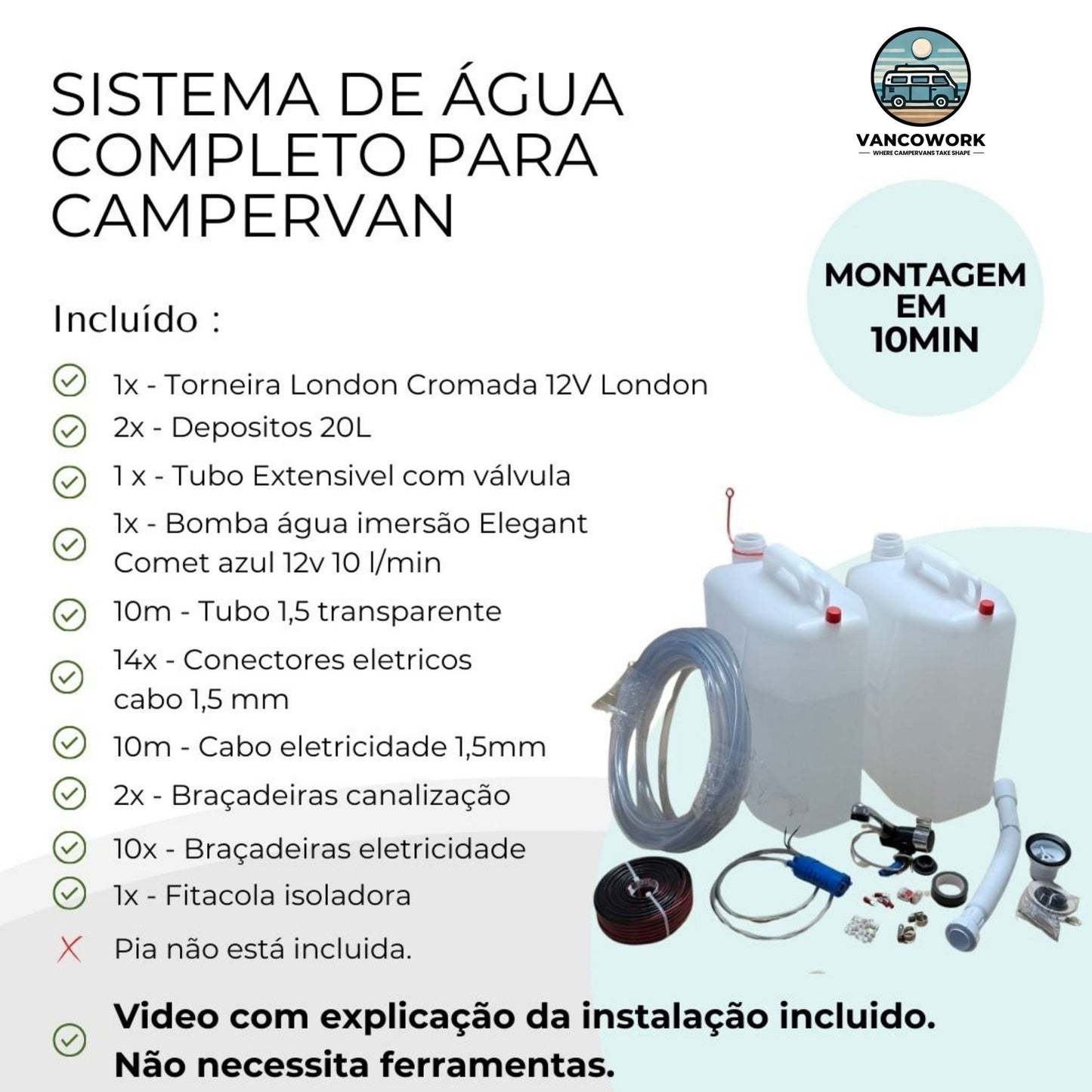 Complete campervan water system kit with 20L tank, 12V pump, and chrome tap laid out for DIY installation in a van conversion