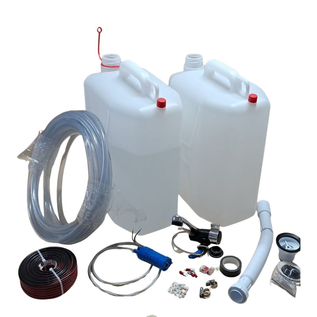 Complete campervan water system kit with 20L tank, 12V pump, and chrome tap laid out for DIY installation in a van conversion