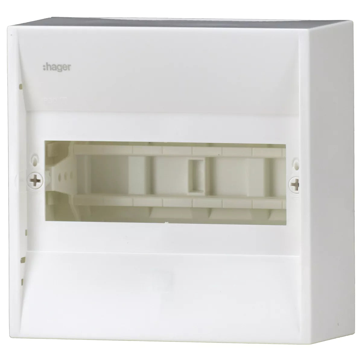 Hager GAMMA Mini Box installed with DIN rail circuit breakers and RCDs