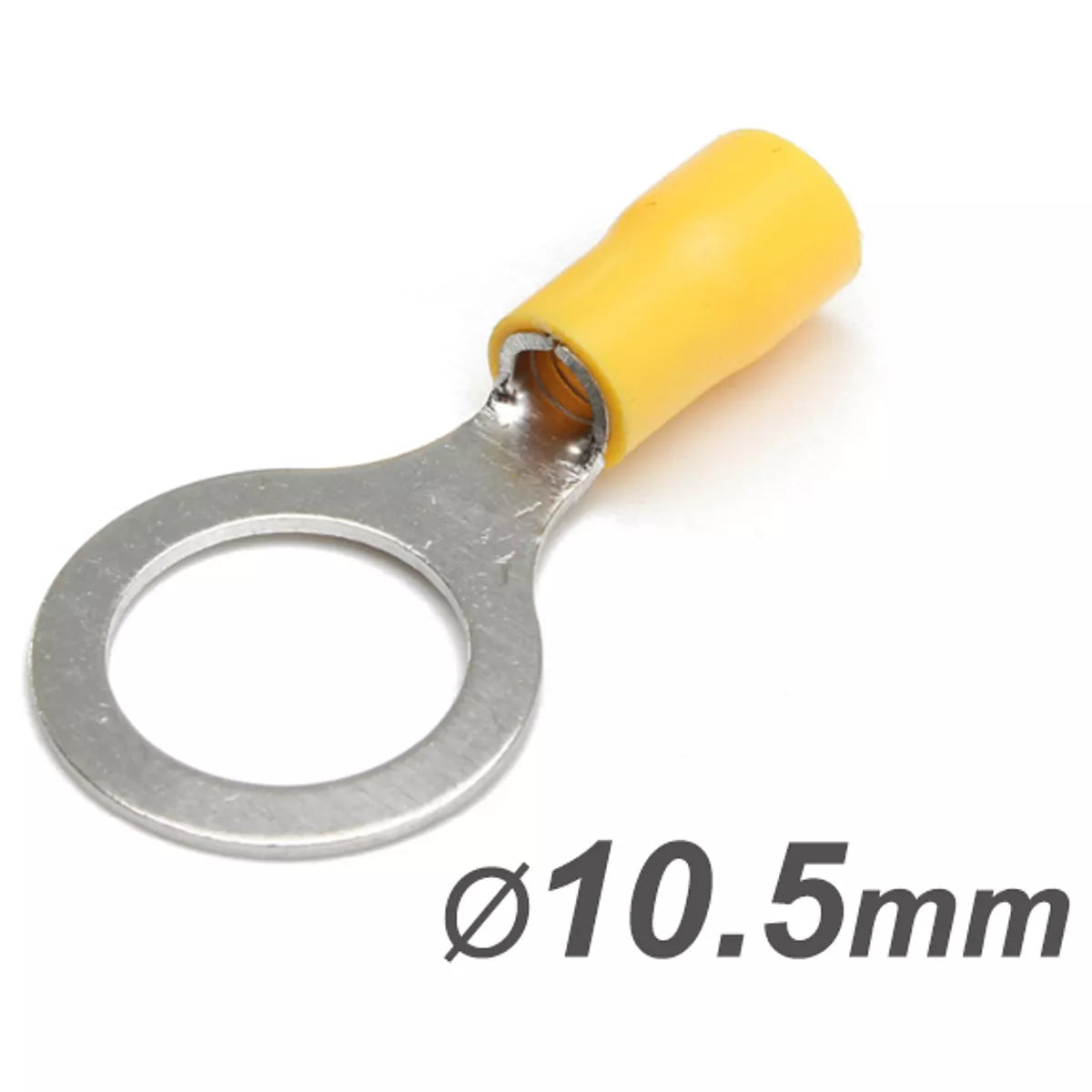 Metal ring terminal with yellow insulation, labeled Ø10.5mm.