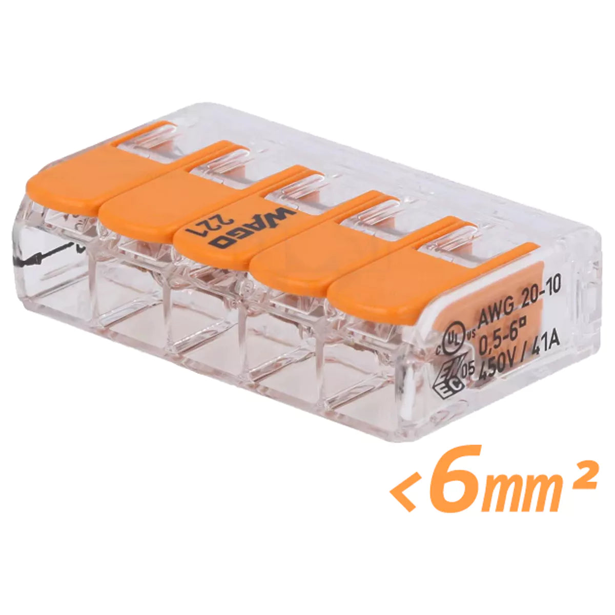 WAGO 221 connector showing wires secured inside transparent housing