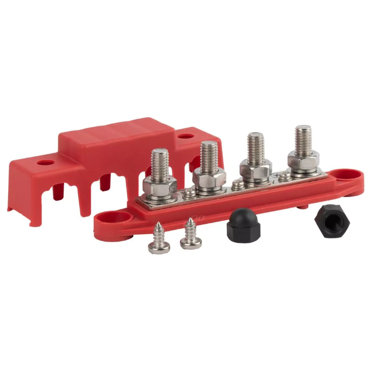 DC distribution busbar with four M10 terminals rated 250 amps for 12 to 48 volt systems