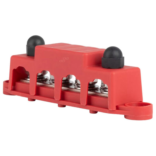 DC distribution busbar with four M10 terminals rated 250 amps for 12 to 48 volt systems