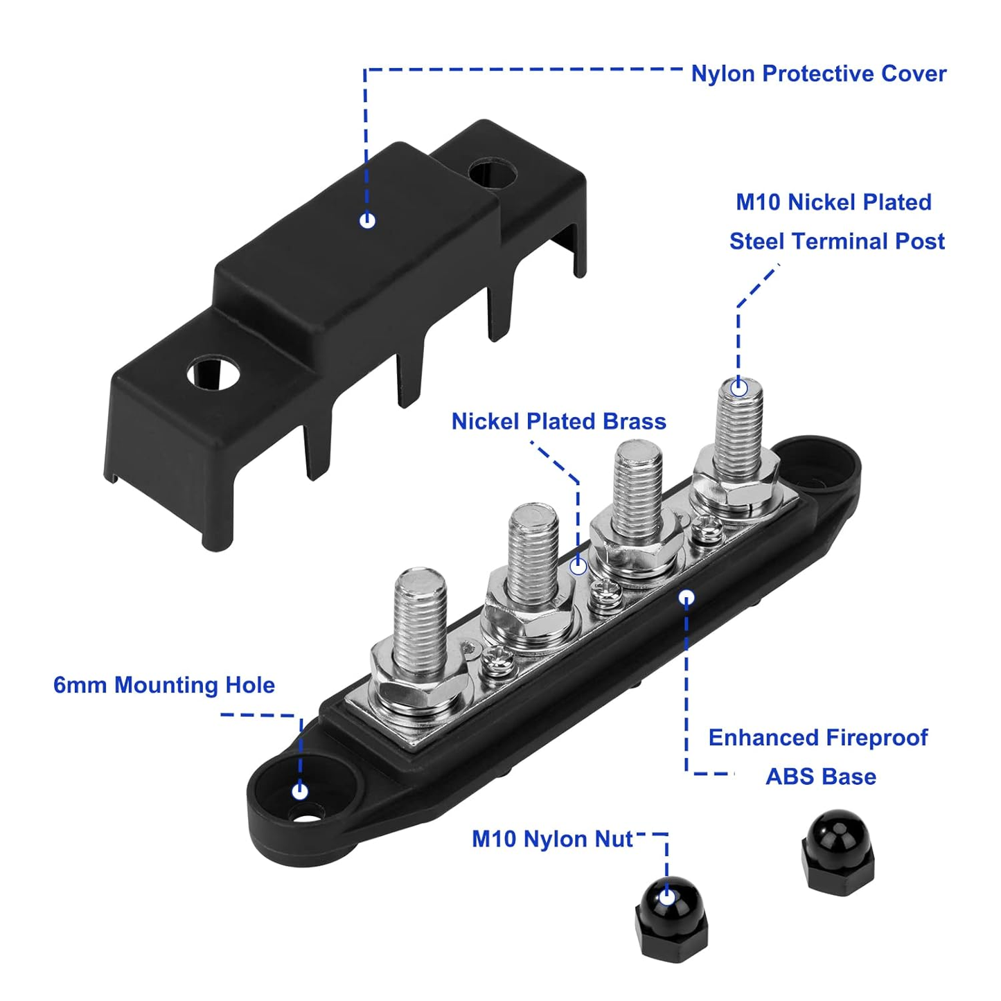 High current battery cables connected to DC distribution busbar using M10 terminals