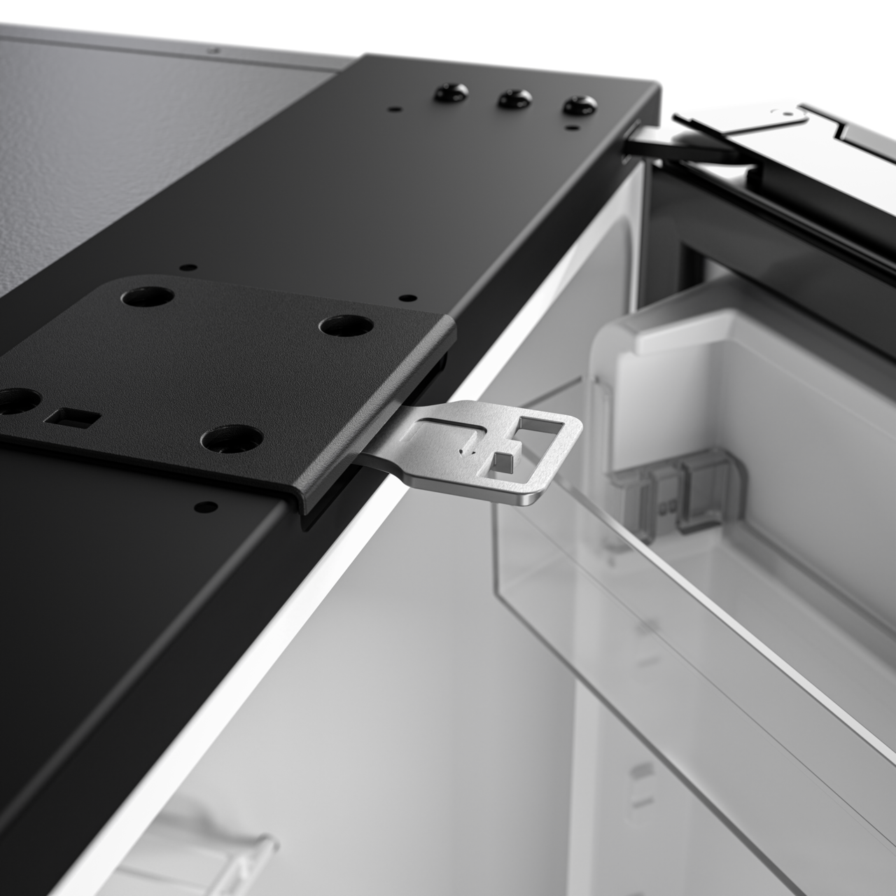 Close-up of metal mounting bracket on Dometic NRX 80C refrigerator for secure installation