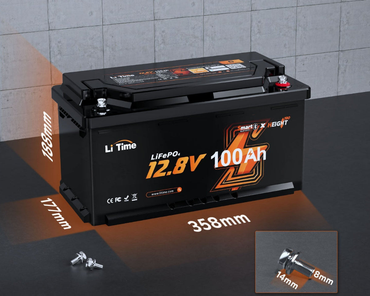 Bateria LiTime 12 V 100 Ah H190 LiFePO₄ – Bluetooth + Instalação por baixo do assento