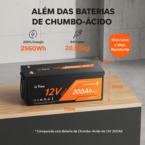 Bateria LiTime 12V 200Ah de ciclo profundo LiFePO4 com proteção contra sobreaquecimento e baixa temperatura.