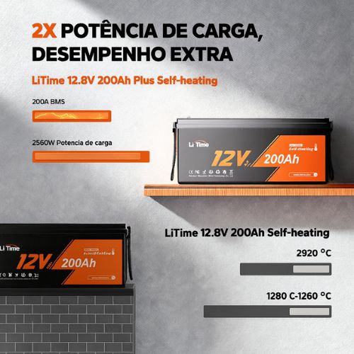 Bateria LiTime 12V 200Ah de ciclo profundo LiFePO4 com proteção contra sobreaquecimento e baixa temperatura.
