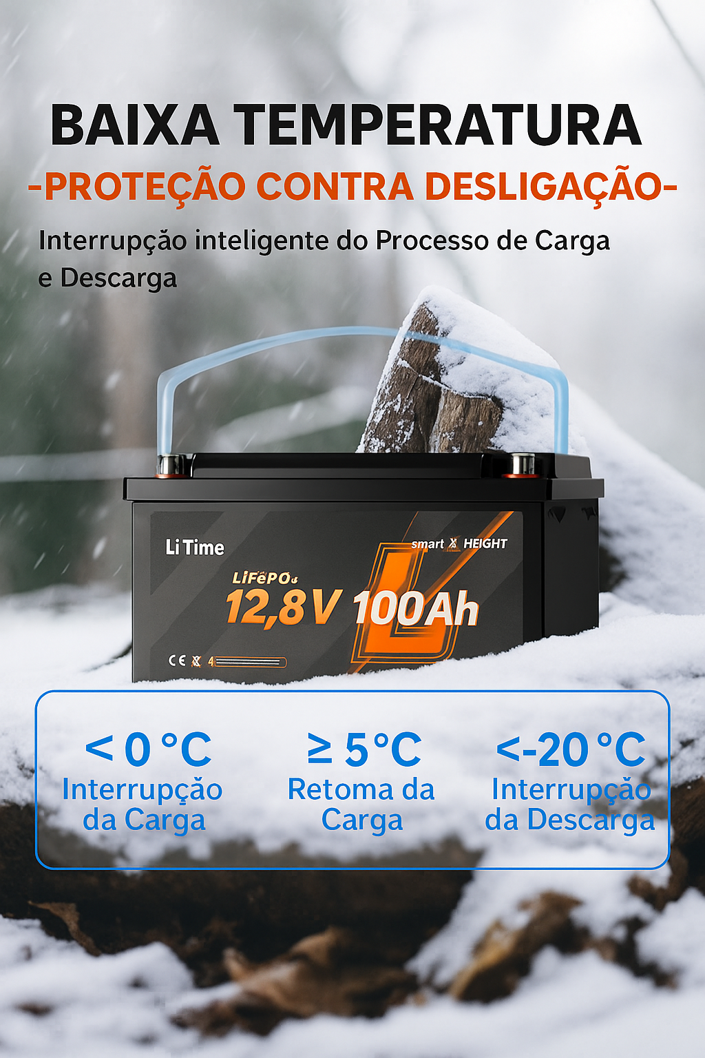 Bateria LiTime 12 V 100 Ah H190 LiFePO₄ – Bluetooth + Instalação por baixo do assento