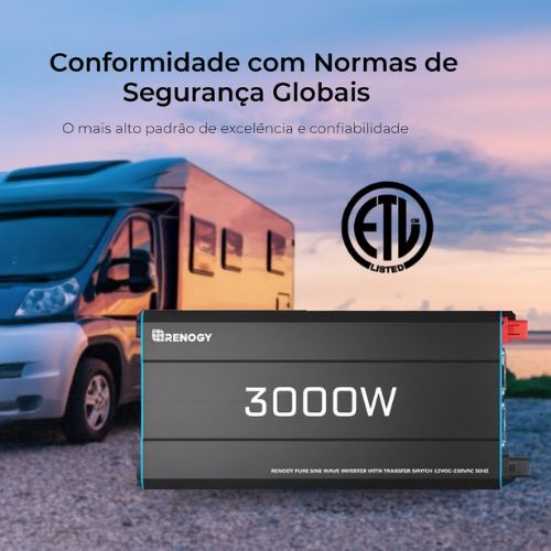 Inversor de Onda Senoidal Pura Renogy 3000W 12V – Energia fiável fora da rede elétrica para carrinhas e autocaravanas.