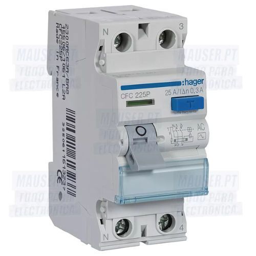 Residual Current Circuit Breaker - 1P+N - 25A 300mA - AC type - 2 modules - Hager CFC225P