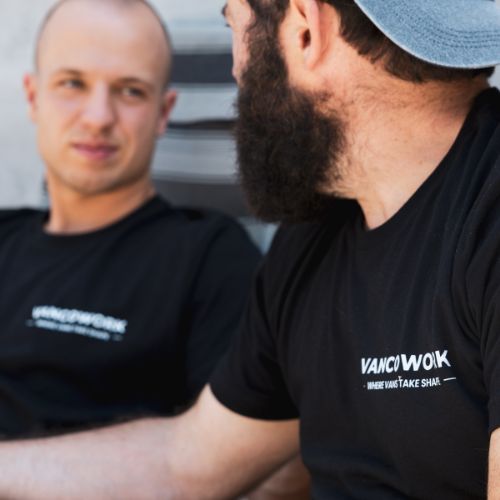 Black VanCowork T-shirt with small chest logo for vanlife builders