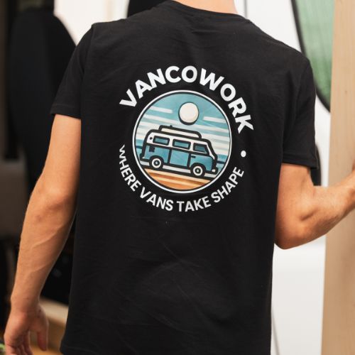 VanCowork T-shirt with retro campervan logo and slogan Where Vans Take Shape