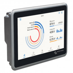 Touchscreen interface of Victron Ekrano GX showing real time energy system data
