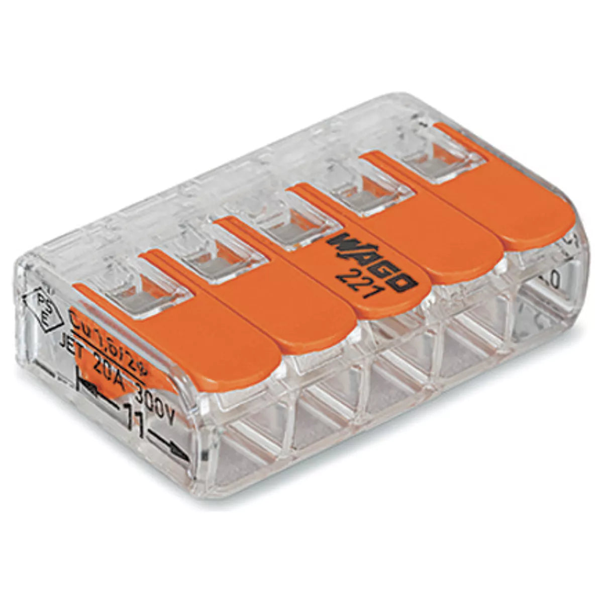 WAGO 221 quick connectors in different sizes with five wire connections