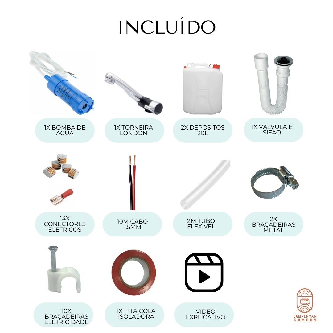 Kit básico de água para autocaravana – depósito de 20 litros, bomba e torneira